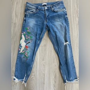 Zara embroidered raw hem cropped jeans